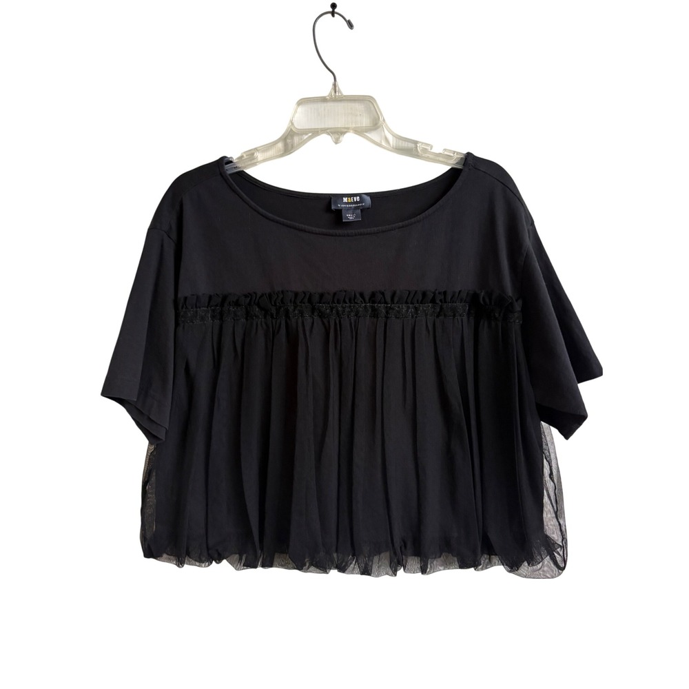 Maeve Anthropologie Black Mesh Overlay Pleated Babydoll Knit Top Small Boho